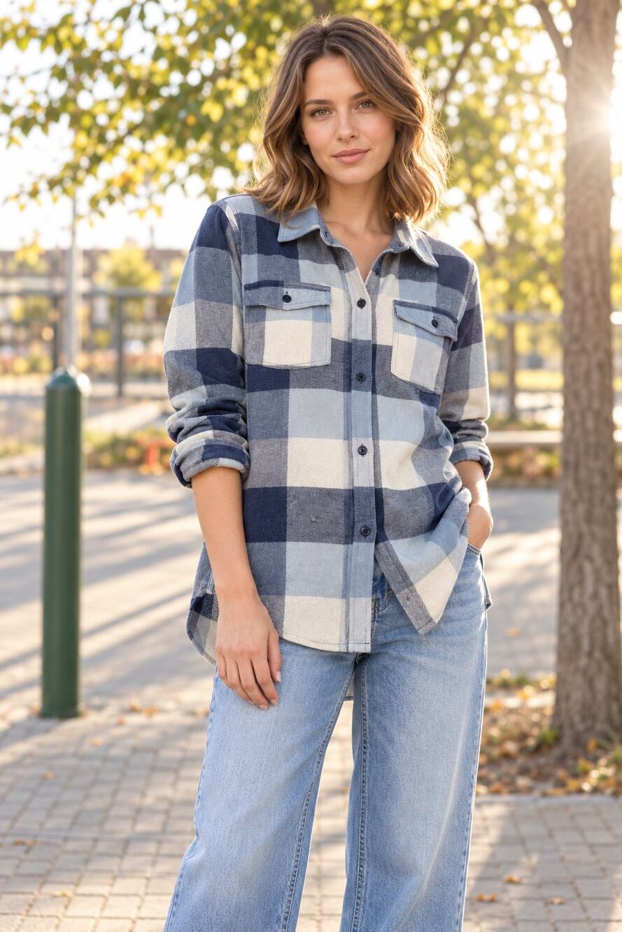 United By Blue Women’s Fremont Flannel Blue Plaid Organic Cotton Size L NWT